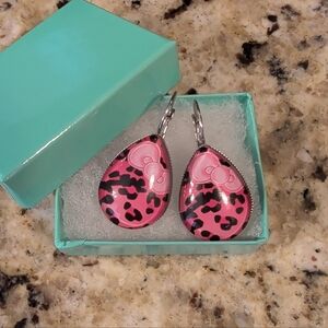 Pink Leopard Teardrop Earrings with Bow Detail